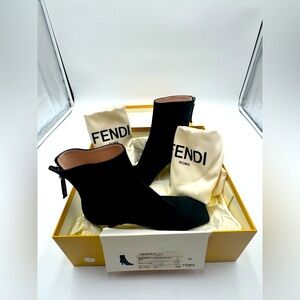 Fendi Black Suede Ankle Boots Logo Zip Heel Booties NWT Box IT 35